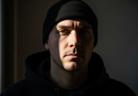 Serious man wearing a black beanie and hoodie captured in a dramatic low key portrait. strong directional light creates high contrast shadows across his face, emphasizing intensity and mystery.の素材