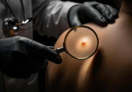 Dermatologist wearing black gloves uses a magnifying glass to closely examine a suspicious nevus or mole on a patient back, checking for signs of melanoma or skin cancer.の素材