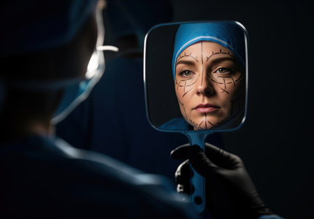 Female patient with pre operative surgical marking lines drawn on her face, reflected intensely in a handheld mirror before a cosmetic procedure.の素材