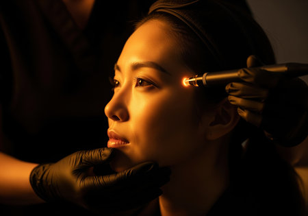 Asian woman receiving focused cosmetic laser treatment near her temple, performed by a professional in black gloves. dramatic, warm lighting emphasizes beauty and technology.の素材