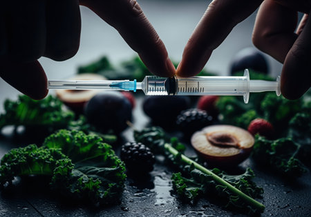 Syringe held by fingers above a dark surface covered with fresh kale, halved plums, and berries. represents concepts of GMO, food science, and nutrition research.の素材