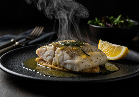 Steaming white fish fillet, drizzled with butter sauce and garnished with rosemary, served on a dark textured plate with a fresh lemon wedge. moody, low key lighting emphasizes the gourmet meal.の素材