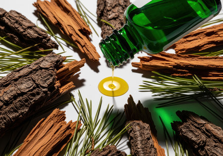 Natural pine essential oil pouring from a green glass dropper bottle onto a white surface, surrounded by textured tree bark pieces and fresh pine needles. concept of organic aromatherapy, spa, and wellness.の素材