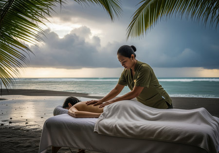 Professional masseuse performs a relaxing back massage on a woman on a table set up on a dark tropical beach. dramatic cloudy sky and ocean waves create a moody, wellness atmosphere.の素材