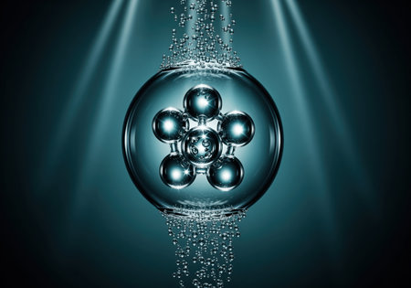 Potent hydration booster molecule structure suspended inside a clear glass sphere, surrounded by flowing water droplets. dramatic blue lighting highlights advanced scientific skincare technology.の素材