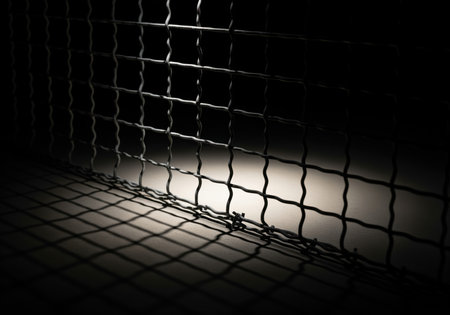 Dark, low key photograph of a metal wire mesh fence casting a strong, geometric grid shadow on a surface. conceptual image representing confinement, security, and restriction.の素材