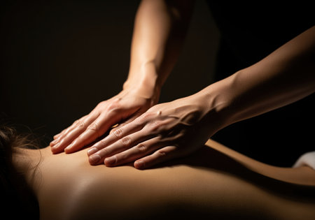 Professional massage therapist hands performing a relaxing back massage on a client. dramatic chiaroscuro lighting emphasizes the touch, symbolizing wellness, therapy, and relaxation.の素材
