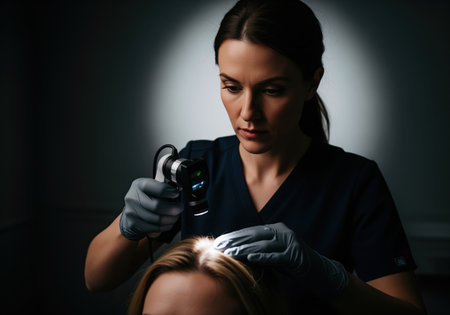 Professional female dermatologist examining a patient scalp using a lighted dermatoscope. focus on hair loss, trichology, and medical diagnosis in a dark clinic.の素材