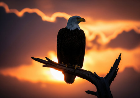 Powerful bald eagle perched on a dead branch, silhouetted against a dramatic, fiery orange and purple sunset sky, symbolizing freedom and majesty.の素材