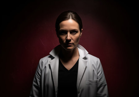 Serious woman doctor or scientist wearing a white lab coat, captured in a dramatic, low key studio portrait with intense shadows against a dark red background.の素材