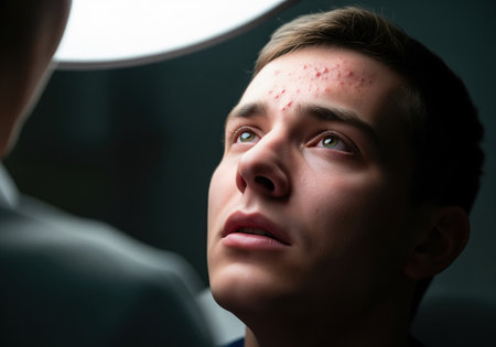 Young man with severe acne vulgaris and blemishes visible on his forehead, looking up intently during a medical or dermatological examination under bright overhead lighting. focus on skin problems and treatment.の素材