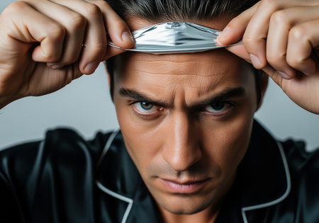 Serious man applying a metallic silver anti wrinkle patch to his forehead in a close up studio shot. focus on male grooming, beauty routine, and intense expression.の素材