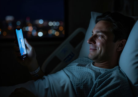 Patient man lying in a hospital bed at night, smiling while having an emotional video call on a smartphone. he is wearing a gown, connecting with loved ones during recovery, with city lights visible outside the window.の素材