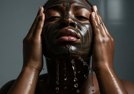Black woman washing off a dark, wet mud mask from her face, framed by her hands, with water dripping dramatically from her chin. focus on beauty, hydration, and natural skincare ritual in moody, low key lighting.の素材