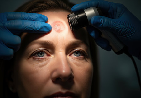 Close up of a woman undergoing a dermatological examination. a doctor in blue gloves uses a dermatoscope to check a suspicious red lesion on her forehead for skin cancer or disease.の素材