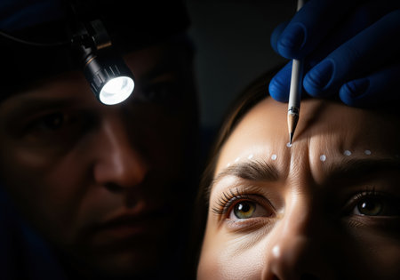 Doctor marking precise injection points on a woman forehead for a cosmetic procedure, such as botox or dermal fillers, emphasizing anti aging and beauty treatment.の素材