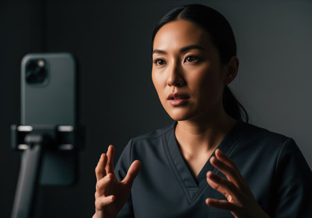 Asian medical professional wearing dark scrubs speaking intensely and gesturing with her hands while recording a video presentation using a smartphone on a tripod. telemedicine, online consultation, and professional education concept.の素材