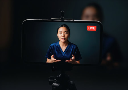 Professional woman live streaming a consultation displayed on a smartphone screen. concept of telehealth, online education, and digital communication in medicine.の素材