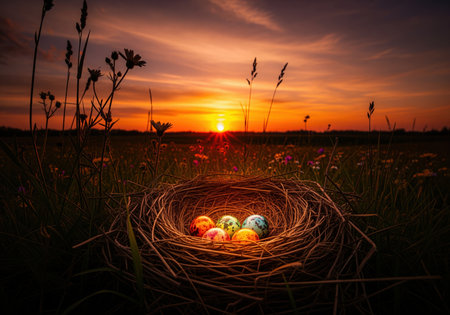 Colorful speckled eggs glowing inside a natural bird nest nestled in a grassy field. dramatic golden hour sunset background symbolizing spring, hope, and easter.の素材