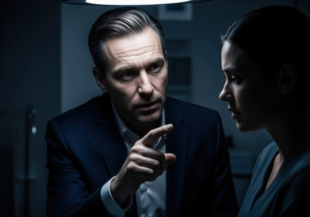 Intense man in a dark suit pointing his finger and speaking seriously to a woman in a dimly lit, dramatic room. concept of interrogation, confrontation, serious business discussion, or legal consultation.の素材