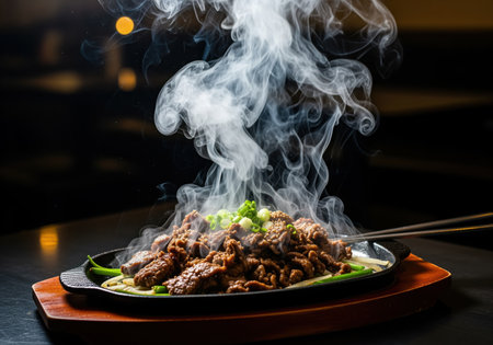 Sizzling bulgogi korean BBQ served on a hot cast iron plate, generating dramatic steam against a dark restaurant background. garnished with green onion.の素材