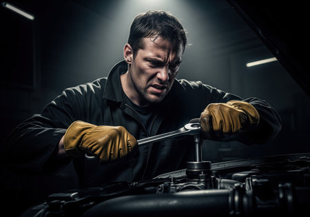 Hardworking auto mechanic straining while tightening a bolt on a vehicle engine with a wrench. dramatic lighting highlights effort, concentration, and manual labor.の素材