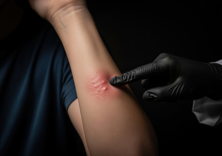 Red inflamed skin rash and bumps visible on a patient forearm, being examined by a medical professional wearing a black protective glove. focus on dermatology, allergy, and disease diagnosis.の素材