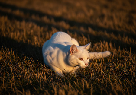 White cat with bright eyes crouching low in a field of dry, golden grass, illuminated by the warm, dramatic light of the setting sun. focused, tense posture suggesting hunting or stalking behavior.の素材