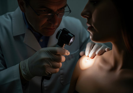 Male dermatologist examines a nevus on a female patient shoulder using a dermatoscope. professional skin checkup for early detection of melanoma and health prevention.の素材