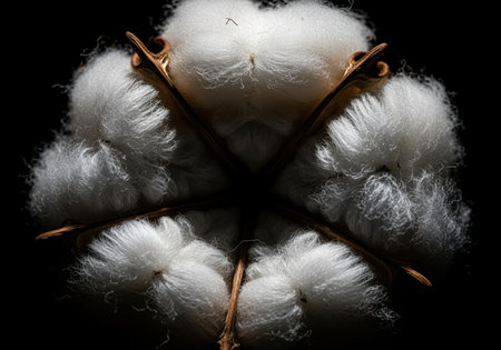 Single cotton boll photographed in extreme close up, showing the intricate texture of the white fluffy fibers and the dry brown casing against a dramatic black background.の素材