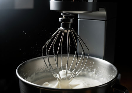 Stand mixer whisk attachment whipping white cream or batter vigorously in a shiny metal bowl. dramatic low key lighting highlights the mechanical process of baking preparation.の素材
