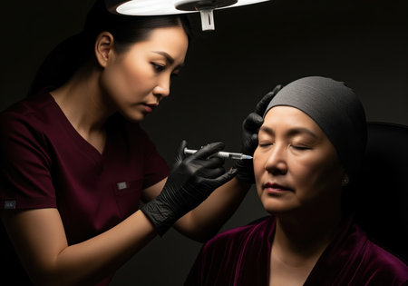 Professional asian dermatologist administering a cosmetic injection near the eye of a mature patient wearing a cap, highlighting beauty treatment and anti aging.の素材