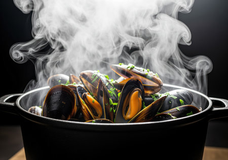 Steamed mussels served hot in a black cast iron pot, garnished with fresh green herbs. dramatic white steam rises above the shellfish, emphasizing freshness and heat against a dark, moody background.の素材