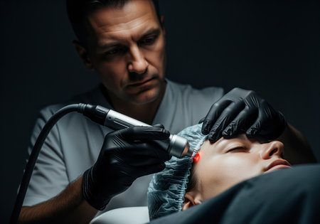 Male cosmetologist performing laser therapy on a woman forehead, focusing on skin rejuvenation and anti aging treatment in a dark clinic.の素材