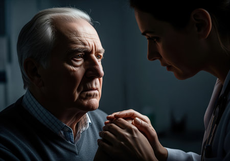 Concerned senior man receiving support from a compassionate doctor or caregiver, holding hands in a dimly lit, dramatic setting, symbolizing bad news or serious health issues.の素材