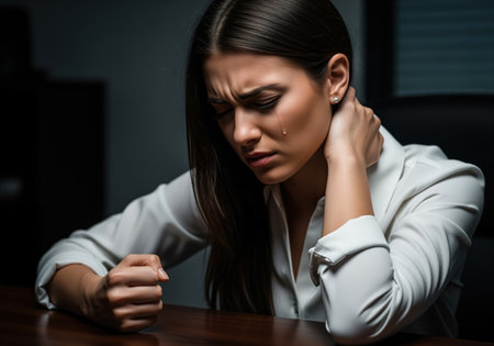 Crying woman sitting at a desk in a dark room, clutching her neck in distress and clenching her fist. depicting emotional stress, mental health issues, trauma, or physical pain.の素材
