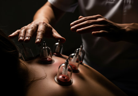 Cupping therapy treatment performed by a professional therapist using vacuum cups on a woman upper back. traditional chinese medicine technique for detoxification, pain relief, and muscle relaxation in a dark, dramatic setting.の素材