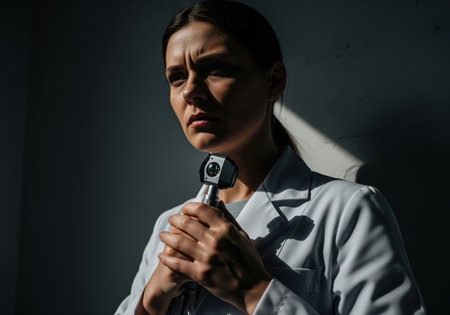 Serious female doctor in a white lab coat holding a diagnostic ophthalmoscope. dramatic portrait emphasizing concentration, dedication, and healthcare professionalism.の素材