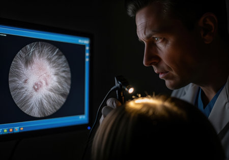 Dermatologist examining a patient scalp using a digital dermatoscope. the magnified view of the skin lesion and hair follicles is displayed on a computer monitor in a dark clinic setting.の素材