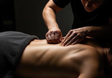 Deep tissue massage focused on the back and shoulder muscles, performed by a therapist in a dramatic, low key setting. represents therapy, wellness, and pain relief.の素材