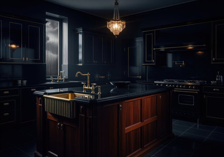 A dramatic and luxurious kitchen interior showcasing black cabinetry, dark granite countertops, and a central island with a striking brass farmhouse sink.の素材