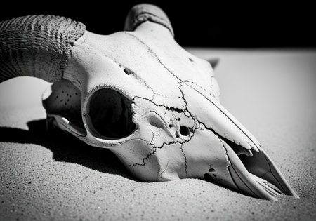 A dramatic black and white close up of a cracked, bleached animal skull featuring large curved horns, partially buried in fine desert sand. it evokes themes of death, decay, and the harsh desert environment.の素材