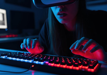 Close up of a focused woman wearing a VR headset, typing intensely on a brightly lit RGB mechanical keyboard in a dark, neon lit room.の素材