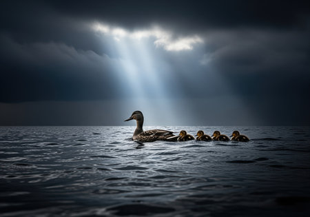 A determined mother duck leads her four small ducklings across dark, choppy water. dramatic light beams pierce the stormy, overcast sky above the wildlife family.の素材