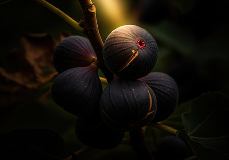 Ripe, deep purple figs cling to a branch, dramatically illuminated by a shaft of golden sunlight, emphasizing their rich color and texture. perfect for culinary and natural themes.の素材