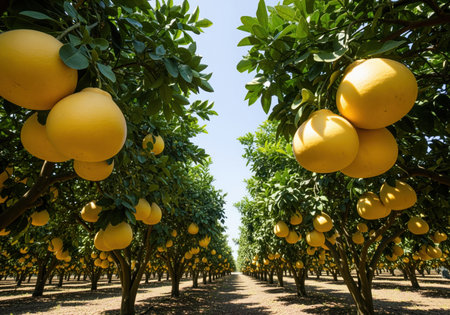 A low angle view captures the scale of a commercial citrus grove, showing rows of trees heavy with large, ripe yellow pomelo fruit ready for harvest.の素材