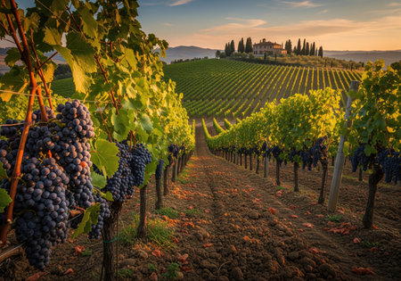 Picturesque tuscan vineyard landscape featuring rows of grapevines heavy with ripe fruit, leading up to a traditional villa under a warm golden sunset sky.の素材