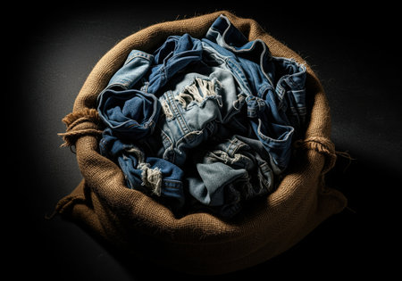 A dramatic, high contrast overhead shot of crumpled, distressed blue denim jeans overflowing from a rustic burlap sack. represents recycling, textile waste, or second hand fashion.の素材