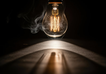 Glowing vintage edison bulb with intricate filament casting a dramatic light beam onto a textured surface, symbolizing ideas, energy, and innovation.の素材