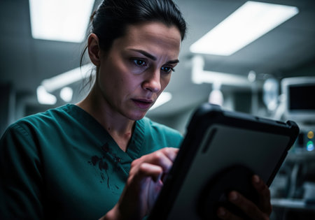 A determined female medical professional in green scrubs intently uses a digital tablet to review critical patient data in a dimly lit hospital environment.の素材